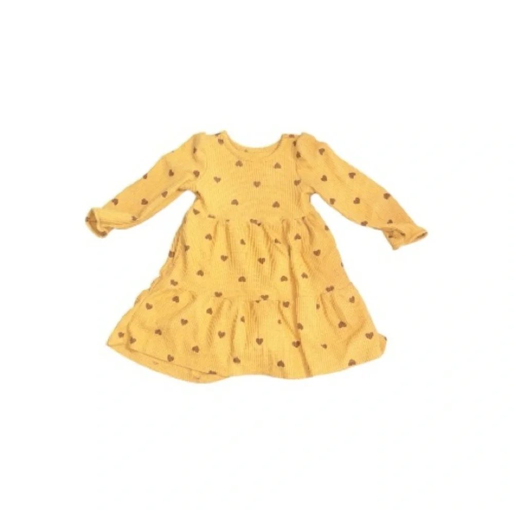 Bundle 2 Cat & Jack Waffle Knit Long Sleeve Dress Brown Tan Gold Hearts Fall 4T